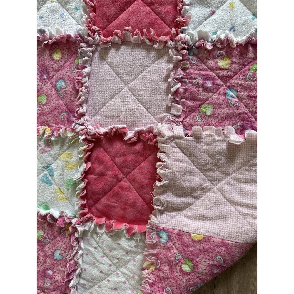 Handmade Baby Rag Quilt Blanket Pink Flannel Patchwork Lovey 35x50